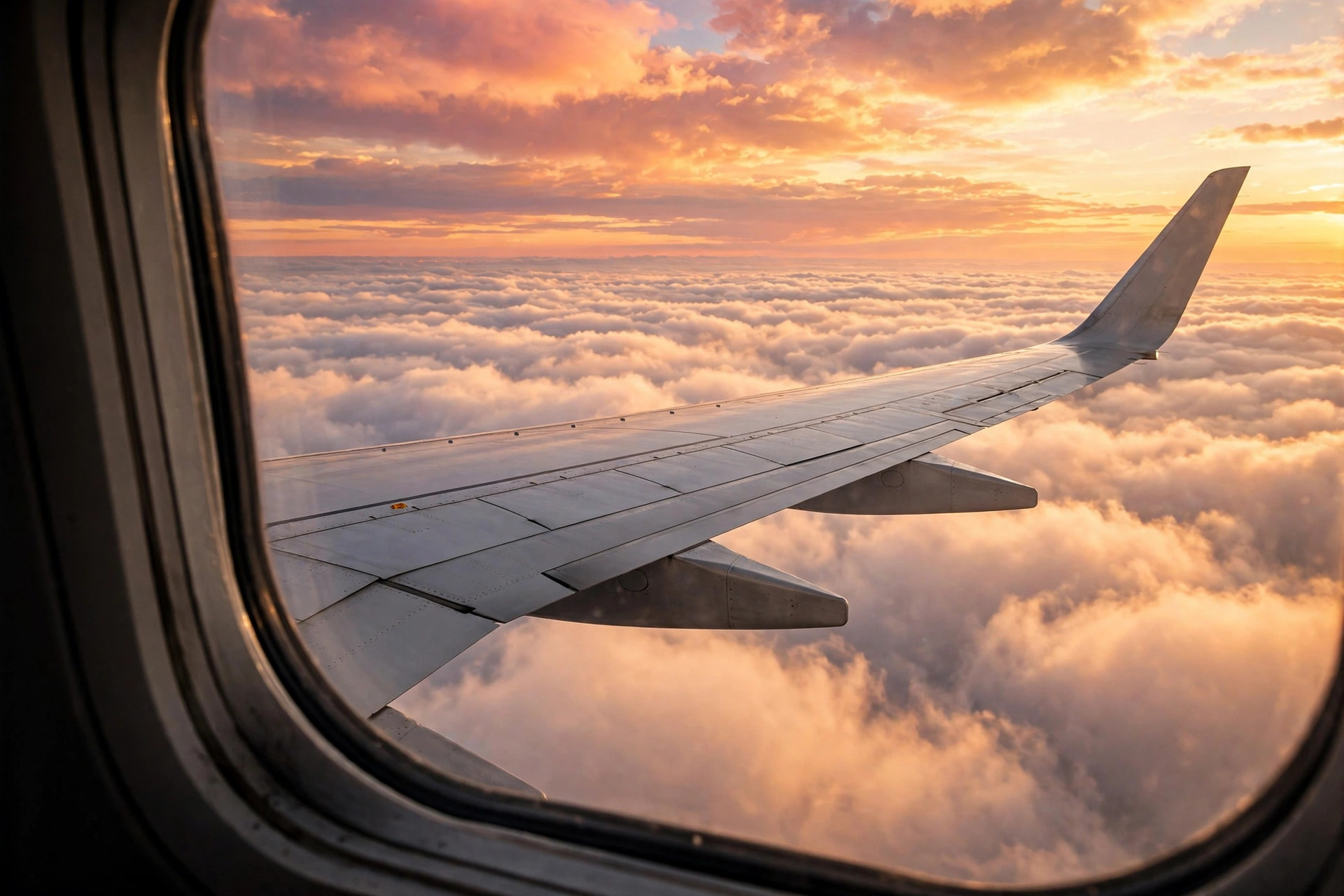 Airplane wing over sunset clouds